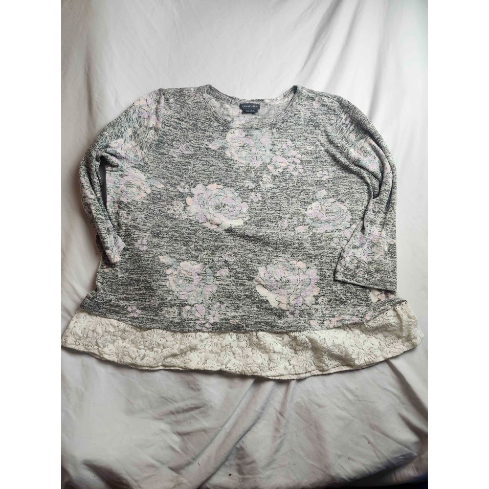 Van Heusen Blouse Top‎ Womens Size XL Gray Floral Knit Lace Hem Long Sleeves
